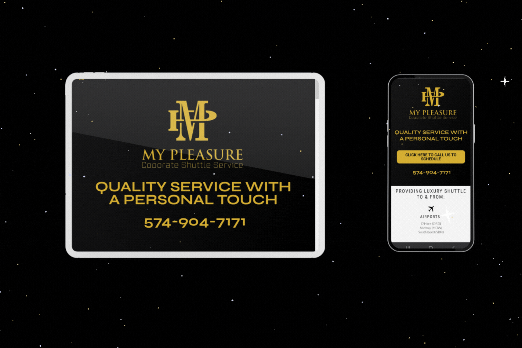 My Pleasure Corporate Shuttle Service Tablet and Mobile mockup, black background with sparkles